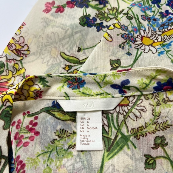 H&M Top Botanical Floral Print Chiffon Blouse Ruffle Button Down Size 6, - Picture 8 of 9